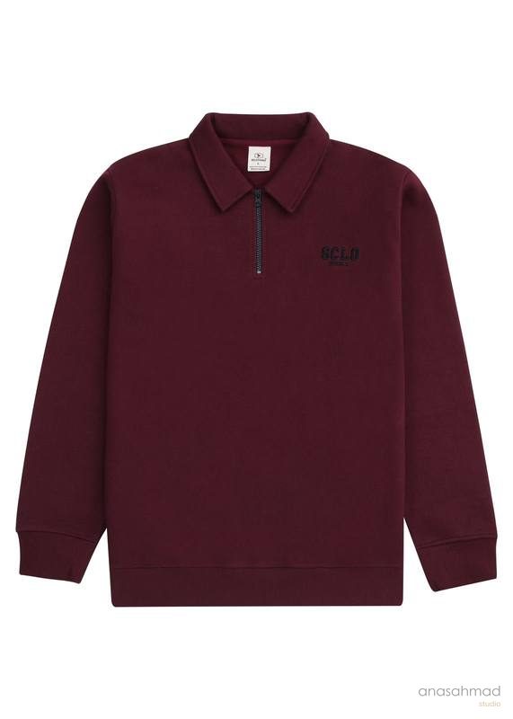 SCLOTHERS maroon zip polo sweatshirt, ghost mannequin shape