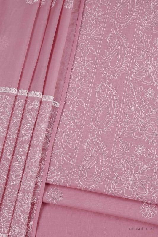 Pink chikankari embroidered paisley fabric, macro detail