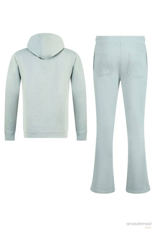 Sage green tracksuit hoodie and joggers shown from the back