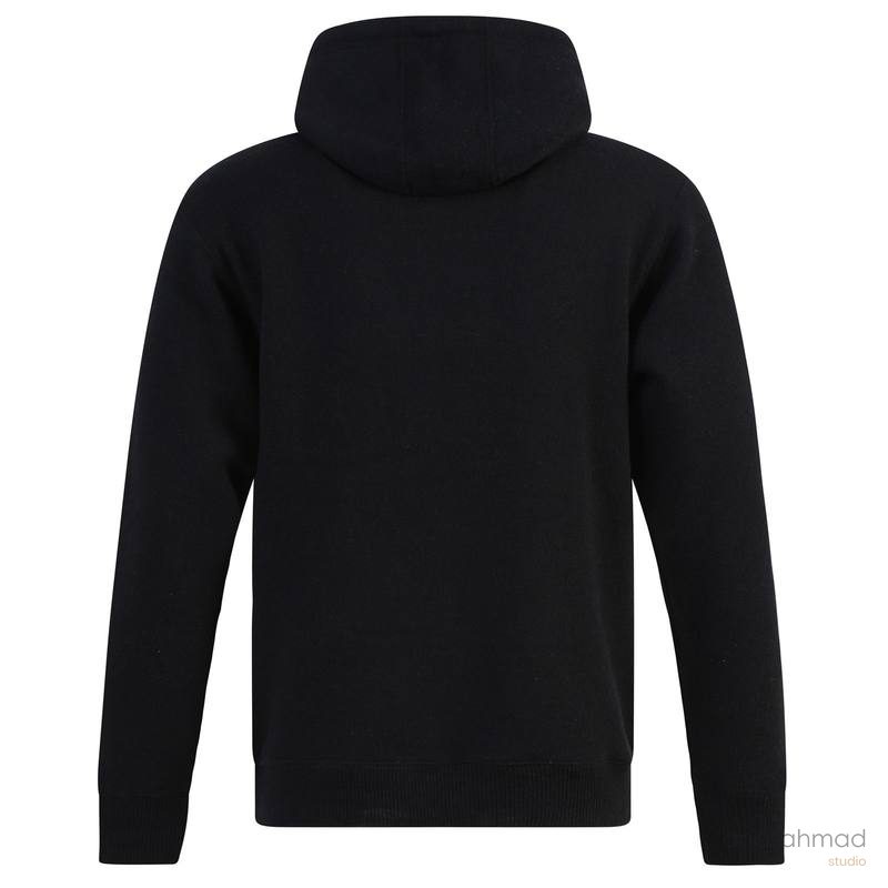 Black hooded sweatshirt shown from the back on ghost mannequin form