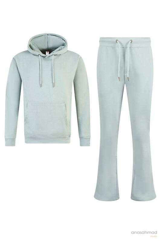 Sage green tracksuit hoodie and joggers shown from the front — Anas Ahmad Studio, Karachi
