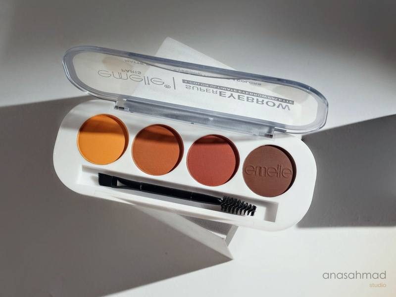 Emelie Paris four-color eyebrow palette with applicator brush, dramatic shadow styling