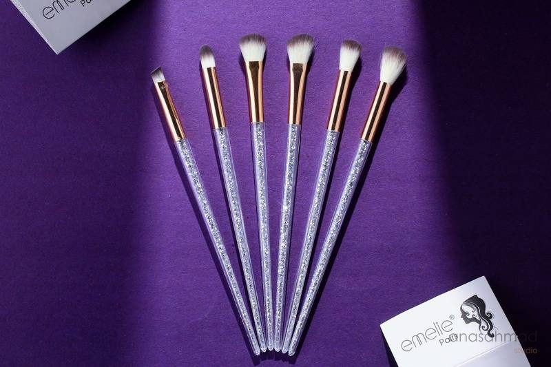 Emelie makeup brush set with crystal handles on purple background