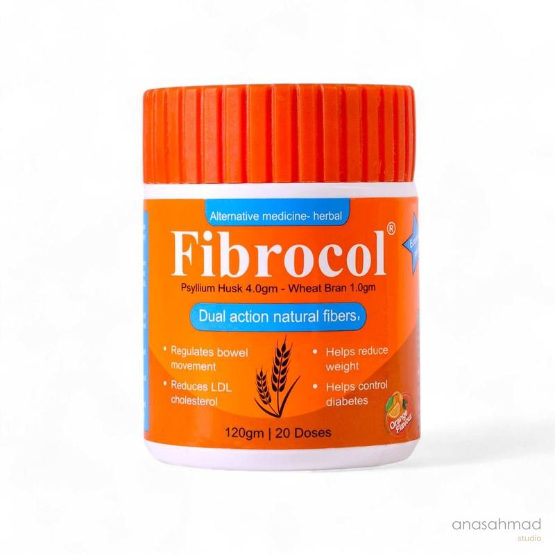 Fibrocol dual-action fiber supplement jar, orange flavour, on white background
