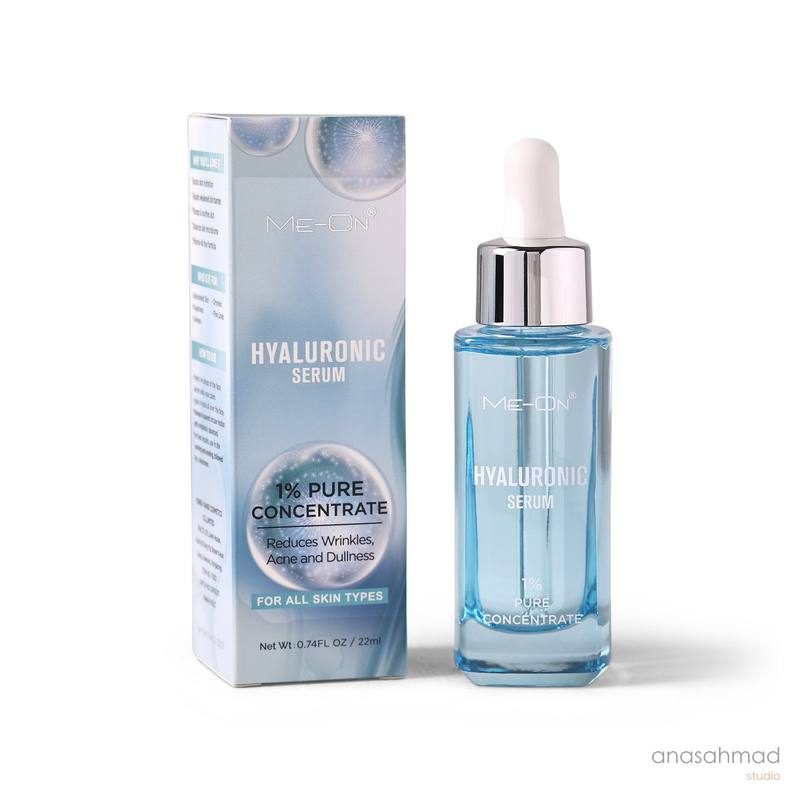 Me-On Hyaluronic Serum bottle and box, 1% pure concentrate, on white background