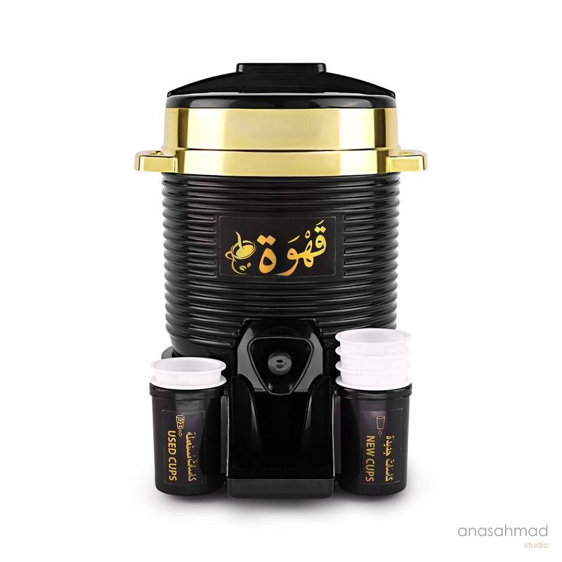 Black Arabic qahwa coffee dispenser with gold accents and paper cups