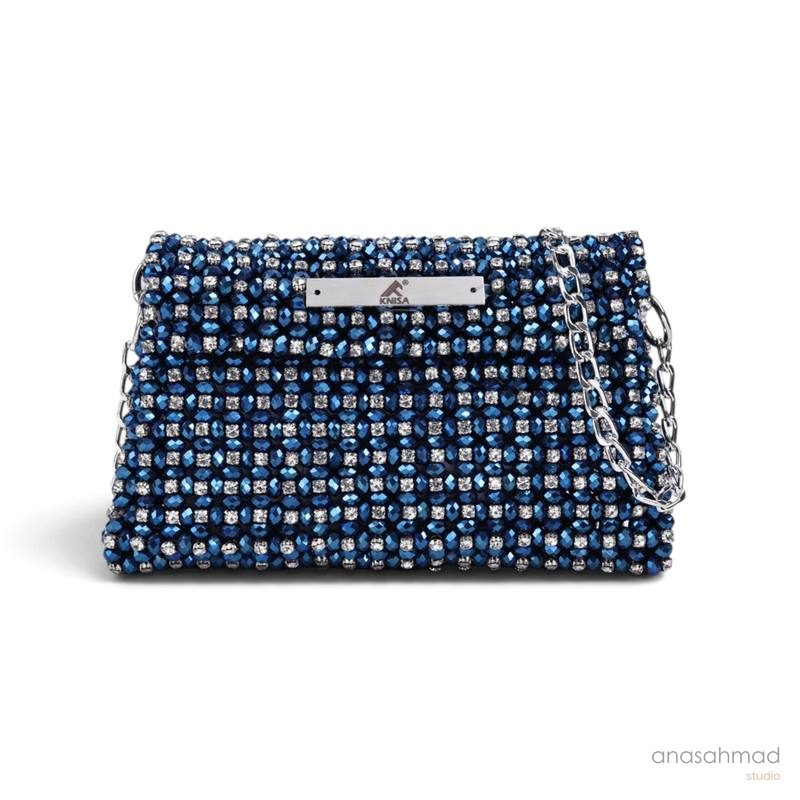 Knisa blue crystal beaded clutch bag with chain strap