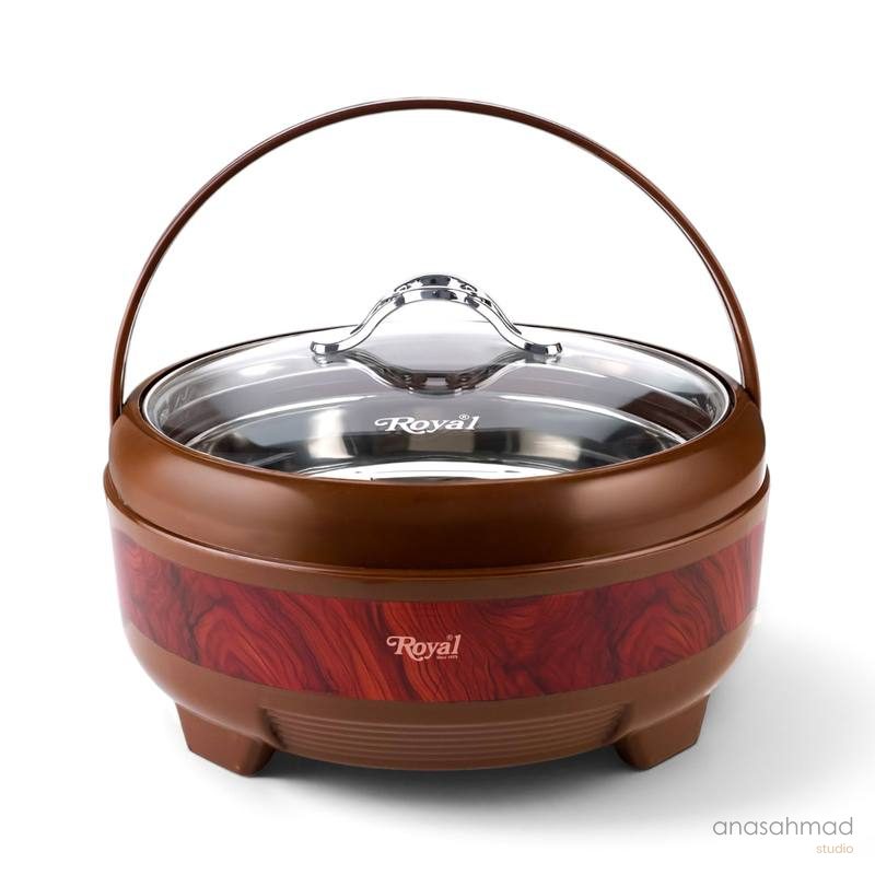 Royal wood-grain electric casserole pot with glass lid and carry handle
