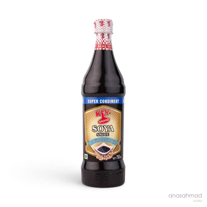 Key Brand soya sauce bottle, 750ml, on white background