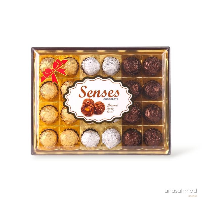 Senses Chocolate assorted truffle gift box with foil-wrapped pieces and red bow