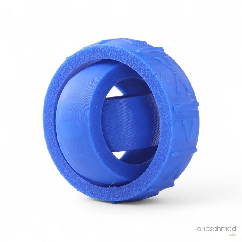 Blue 3D-printed cylindrical mechanical part on white background