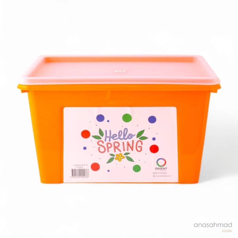 Orient orange XL storage box with clear lid and Hello Spring label