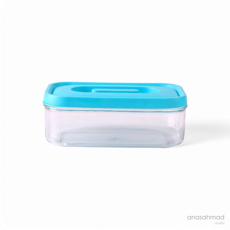 Clear food storage container with teal snap lid on white background