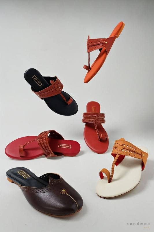 Six Kolhart sandal and mule colorways arranged in a full collection shot — Anas Ahmad Studio, Karachi