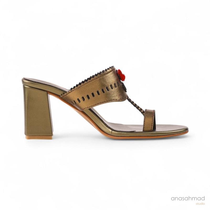 Antique gold block-heel leather sandal with floral embroidery detail