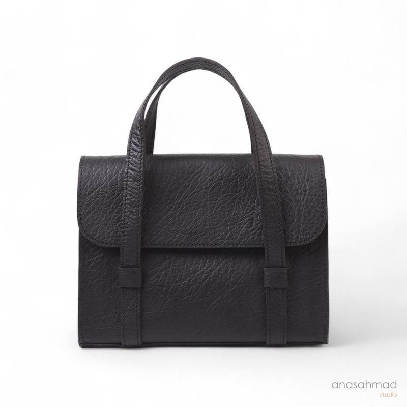 Black structured leather handbag with double top handles