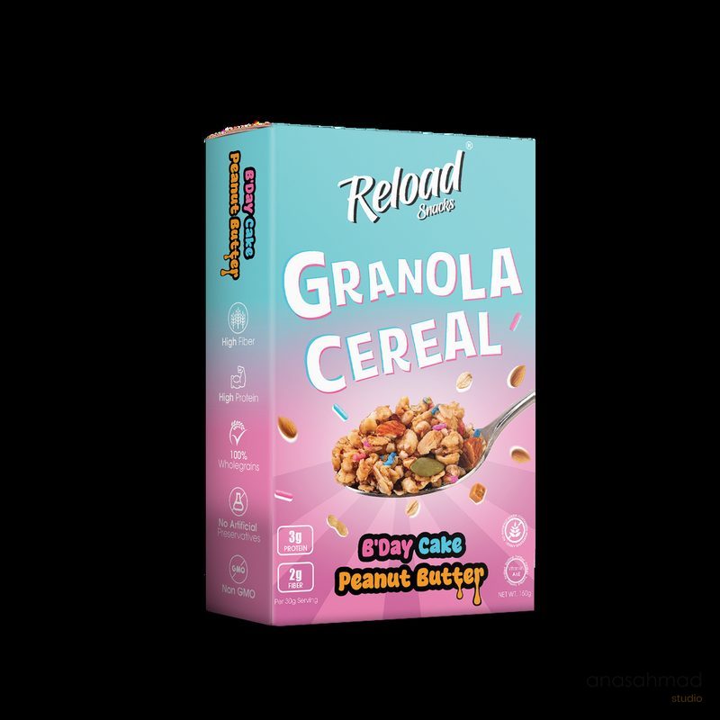 Reload Snacks B'Day Cake Peanut Butter granola cereal box