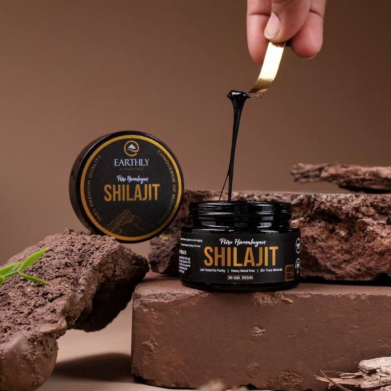 Earthly Elementals Himalayan Shilajit resin jar with gold dip stick, styled with rocks