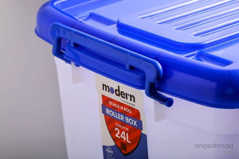 Modern Homeware blue stackable roller storage box, close-up