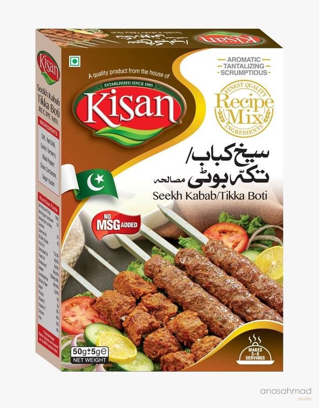 Kisan Seekh Kabab Tikka Boti spice mix box with styled kabab photography