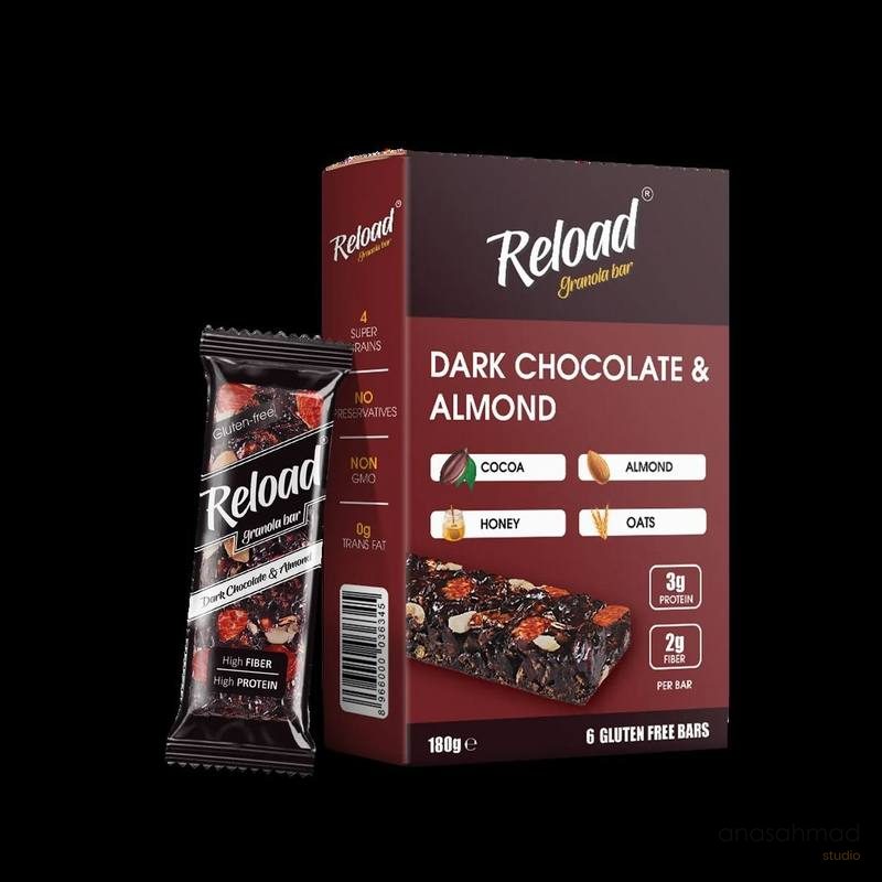 Reload Granola Bar Dark Chocolate and Almond packaging with bar