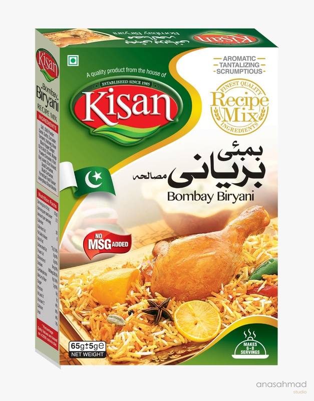 Kisan Bombay Biryani spice mix box with styled biryani photography